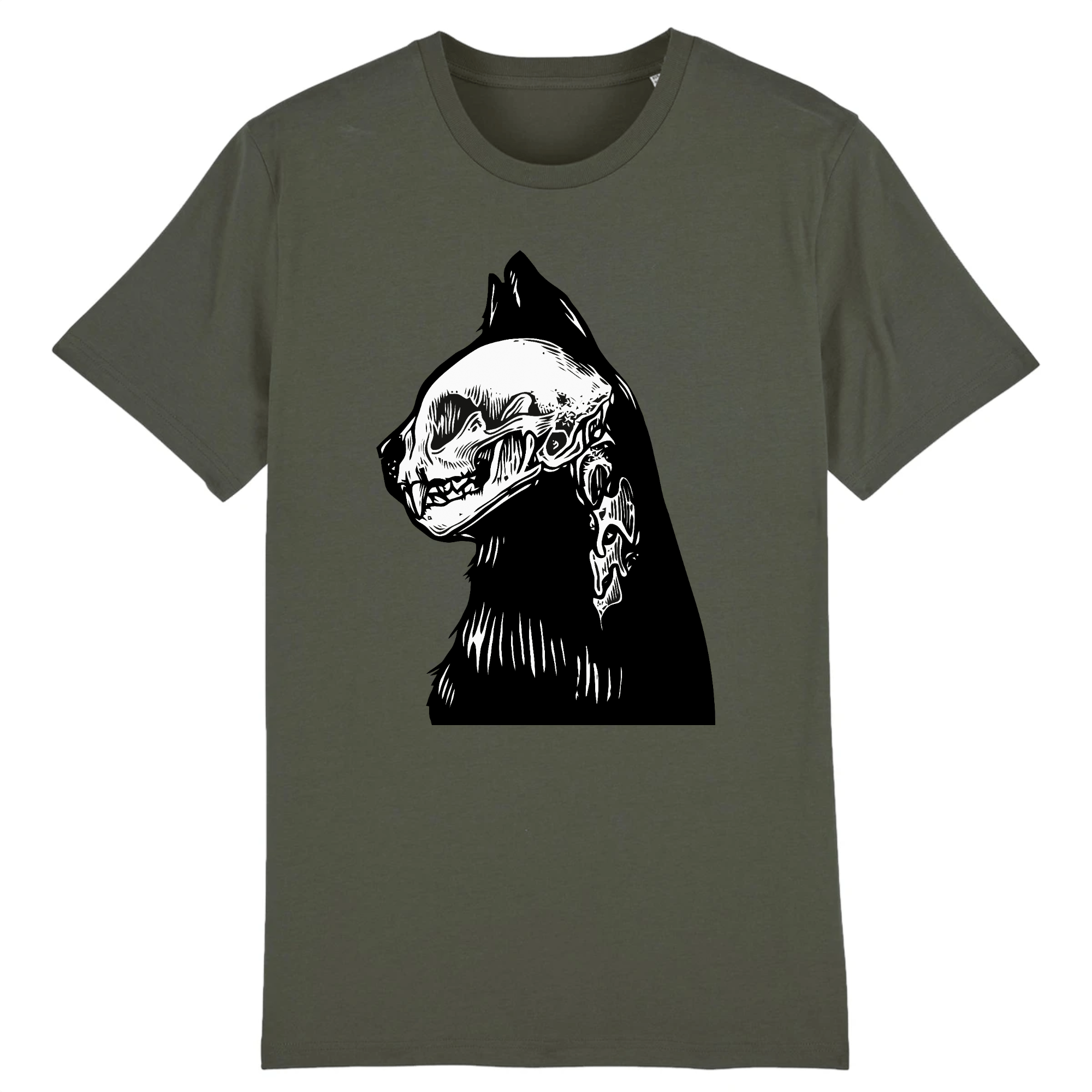 tee-shirt chat tête de mort couleur kaki
