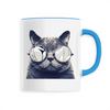 mug chat à lunettes poignée bleue