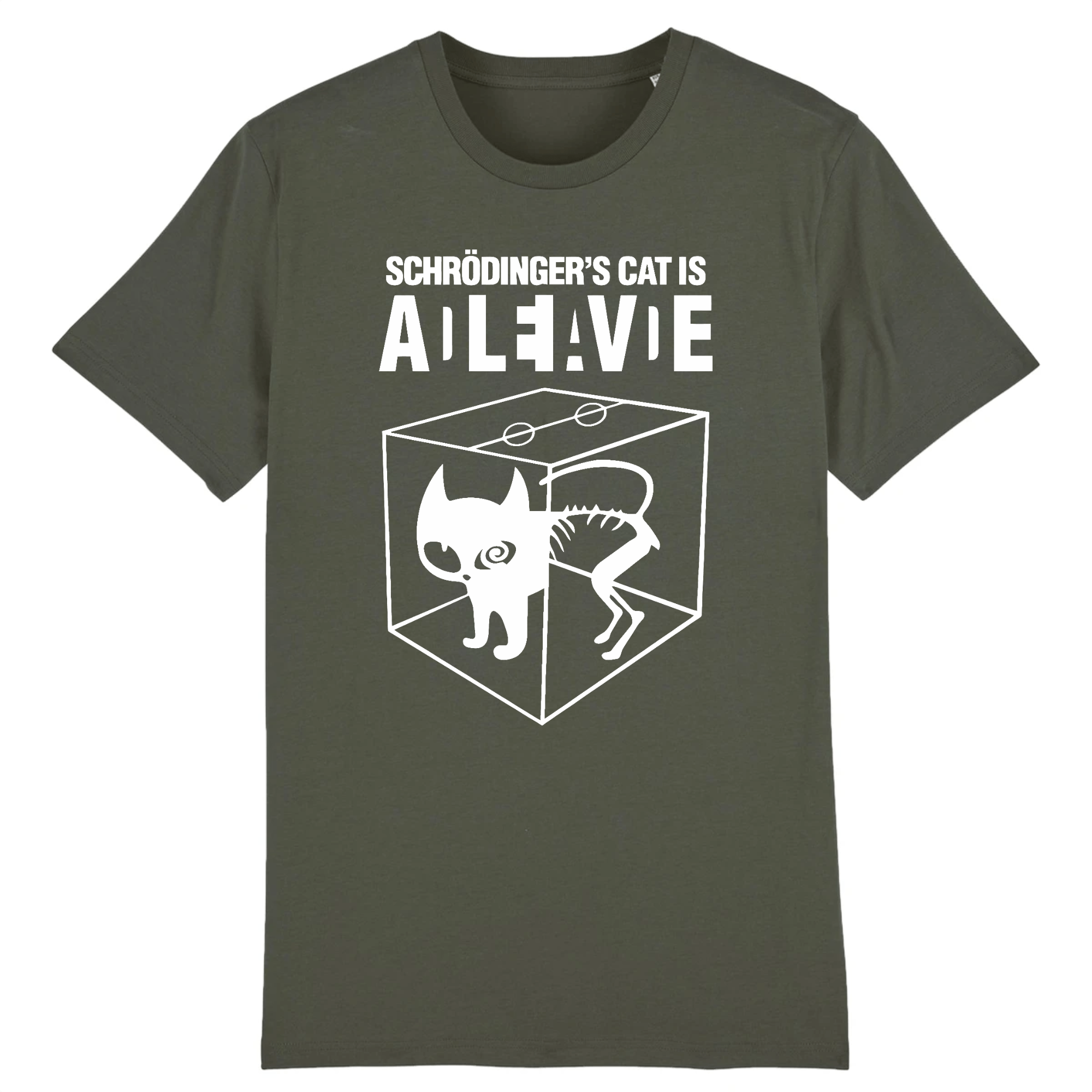 tee-shirt chat de schrödinger couleur kaki